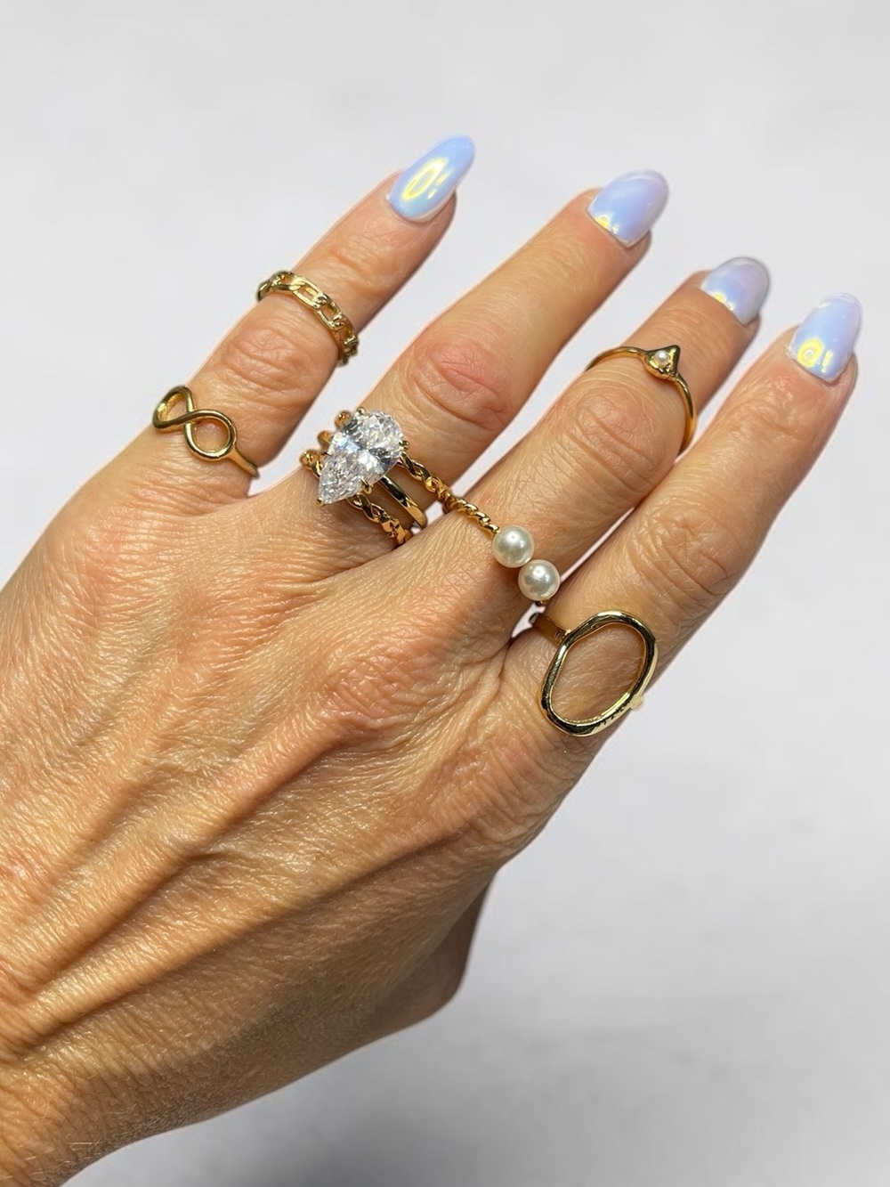 Beleza Curated Gold Tone Faux Pearl Stackable Ring Set of 8